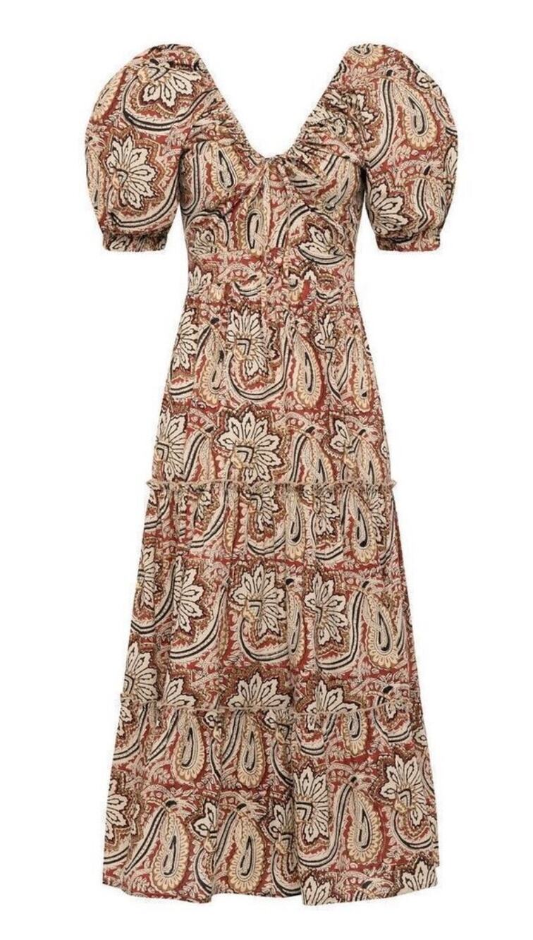Anna Cate Midi Dress Tan Red Paisley Print Tiered Skirt Puff Sleeve New